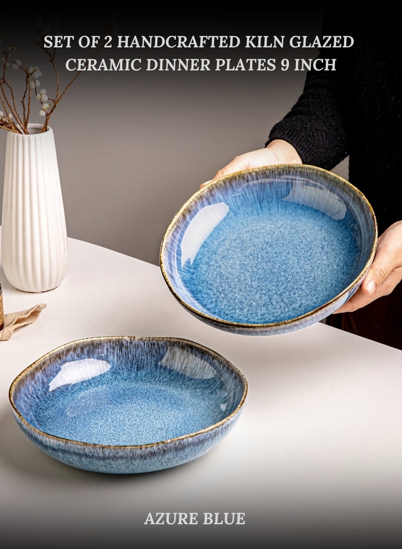 Set of 2 Deep Ceramic Dinner Plate 1000ml, Handcrafted Large Deep Porcelain Plate 9 inch, Azure Blue Round Handcrafted Pasta Bowl Plate, Perfect for Steak, Pasta, Salad, Main Courses - Image 1