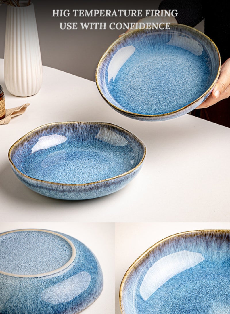 Set of 2 Deep Ceramic Dinner Plate 1000ml, Handcrafted Large Deep Porcelain Plate 9 inch, Azure Blue Round Handcrafted Pasta Bowl Plate, Perfect for Steak, Pasta, Salad, Main Courses - Image 5