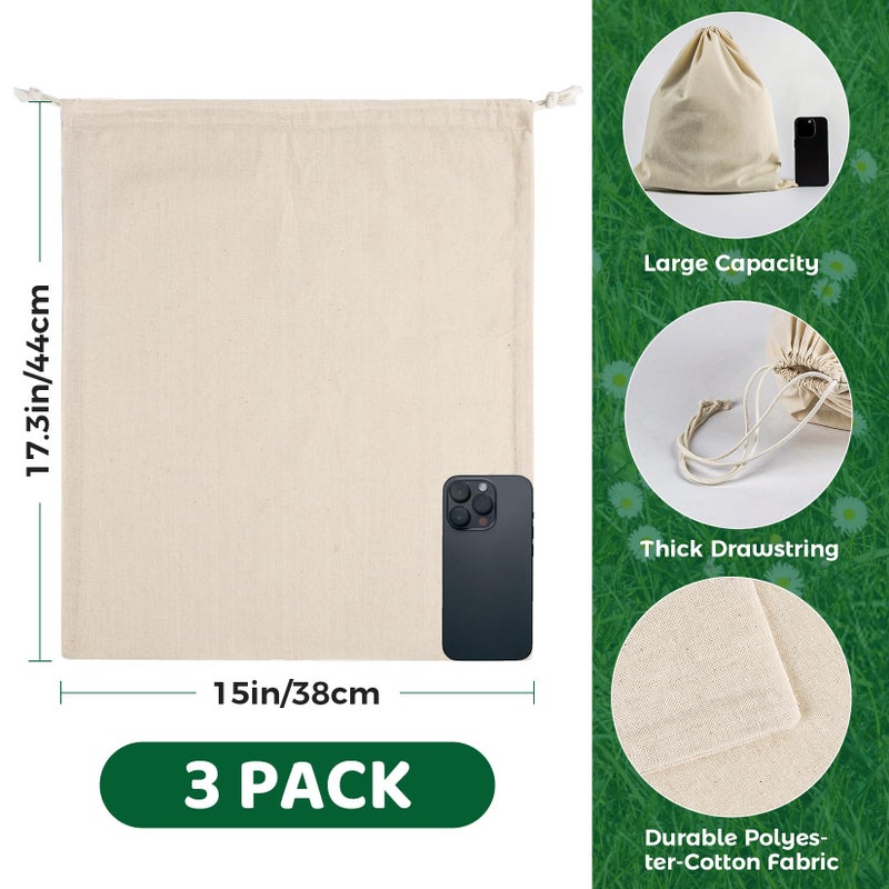 Rainflow Cotton Storage Bags With Drawstrings - Rainflow 3 Pack 15x17 Inch Reusable Produce Bags Cotton Produce Bags Washable Muslin Storage Bags for Fruit Onion Storage Clothes Shopping Home Supplies - Image 2