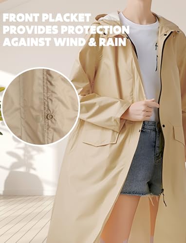 ANYOO Women's Waterproof Raincoat Lightweight Rain Jacket Hooded Long Rain Coat with Pockets for Adults Outdoor Activities(Khaki) One Size - Image 5