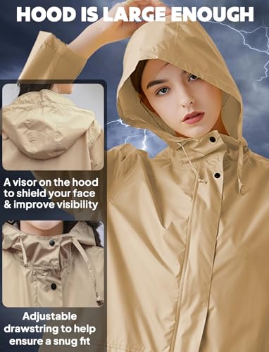 ANYOO Women's Waterproof Raincoat Lightweight Rain Jacket Hooded Long Rain Coat with Pockets for Adults Outdoor Activities(Khaki) One Size - Image 4