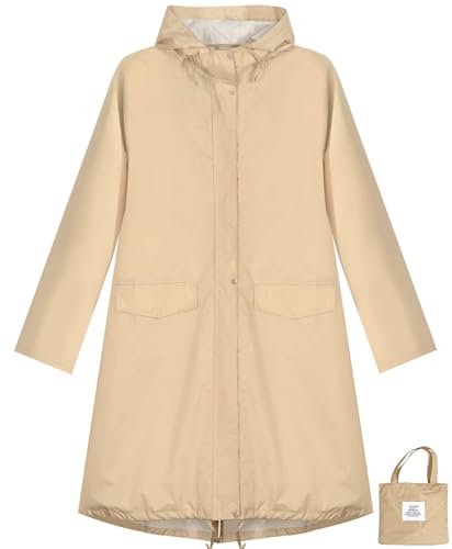 ANYOO Women's Waterproof Raincoat Lightweight Rain Jacket Hooded Long Rain Coat with Pockets for Adults Outdoor Activities(Khaki) One Size - Image 1