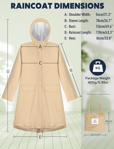 ANYOO Women's Waterproof Raincoat Lightweight Rain Jacket Hooded Long Rain Coat with Pockets for Adults Outdoor Activities(Khaki) One Size - Image 2