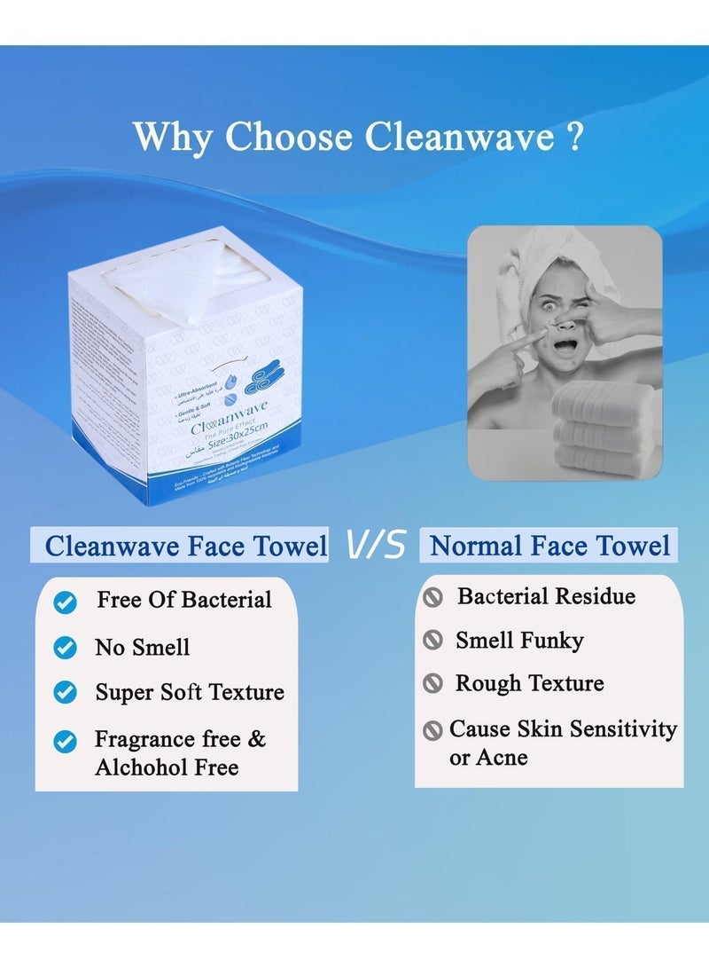 كلين ويف 60 منشفة وجه  فاخرة ذات أساس حيوي ممتاز  – يأتي مع كريم مجاني للوجه -  60 منشفة سميكة فائقة النعومة يمكن التخلص منها (30×25 سم) للبشرة الحساسة والعناية بالبشرة وإزالة المكياج–مناديل جافة ذات أساس حيوي، صديقة للبيئة والاستخدام اليومي، صندوق قابل لإعادة الإغلاق - Image 3