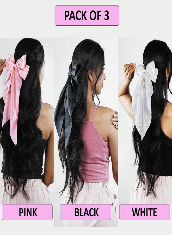 kapimo 3 Pcs Bow Hair Clips for Women Girls Satin layered Barrette Ribbon Hairclips Stylish Hair Accessories (Black - White - Pink) - Image 3