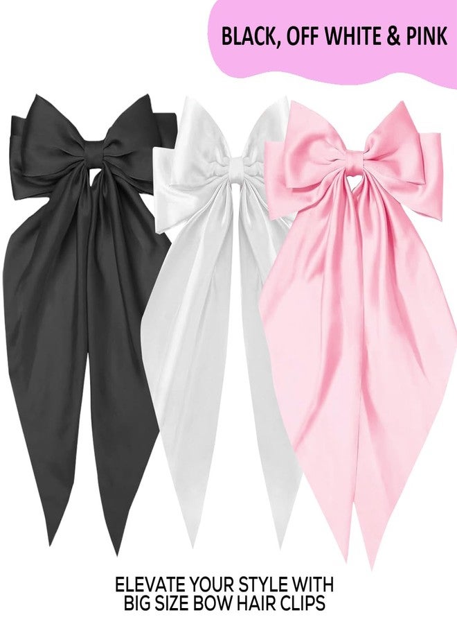 kapimo 3 Pcs Bow Hair Clips for Women Girls Satin layered Barrette Ribbon Hairclips Stylish Hair Accessories (Black - White - Pink) - Image 2