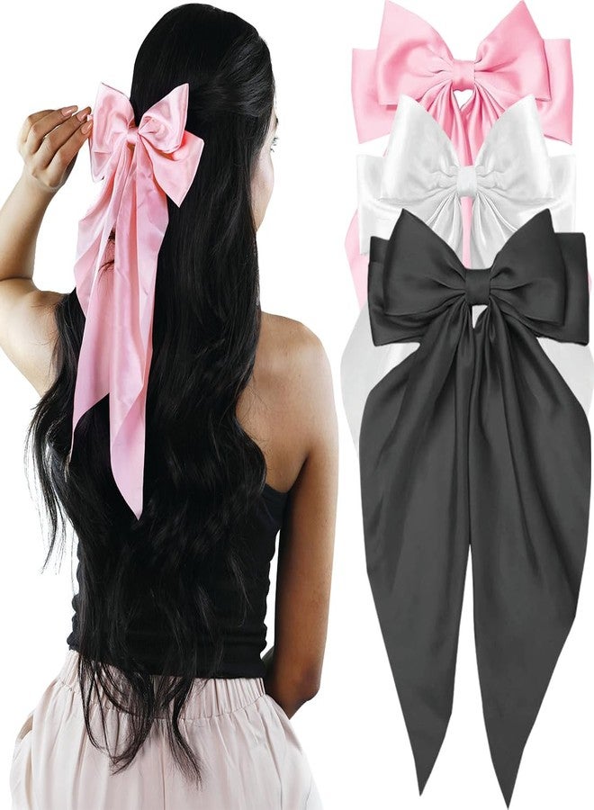 kapimo 3 Pcs Bow Hair Clips for Women Girls Satin layered Barrette Ribbon Hairclips Stylish Hair Accessories (Black - White - Pink) - Image 1