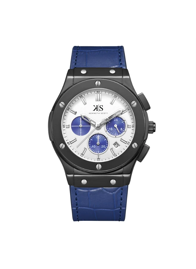 KENNETH SCOTT Men's Watch, Mult Function Display and Leather Strap - K24115-BLNW, Blue