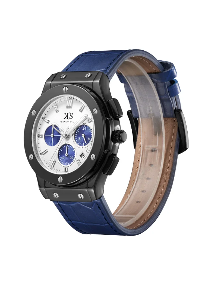 KENNETH SCOTT Men's Watch, Mult Function Display and Leather Strap - K24115-BLNW, Blue