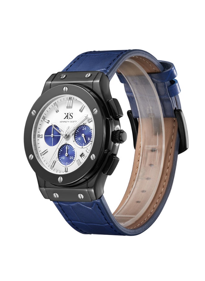 KENNETH SCOTT Men's Leather Multi Function Watch K24115-BLNW - 44 mm  - Image 2