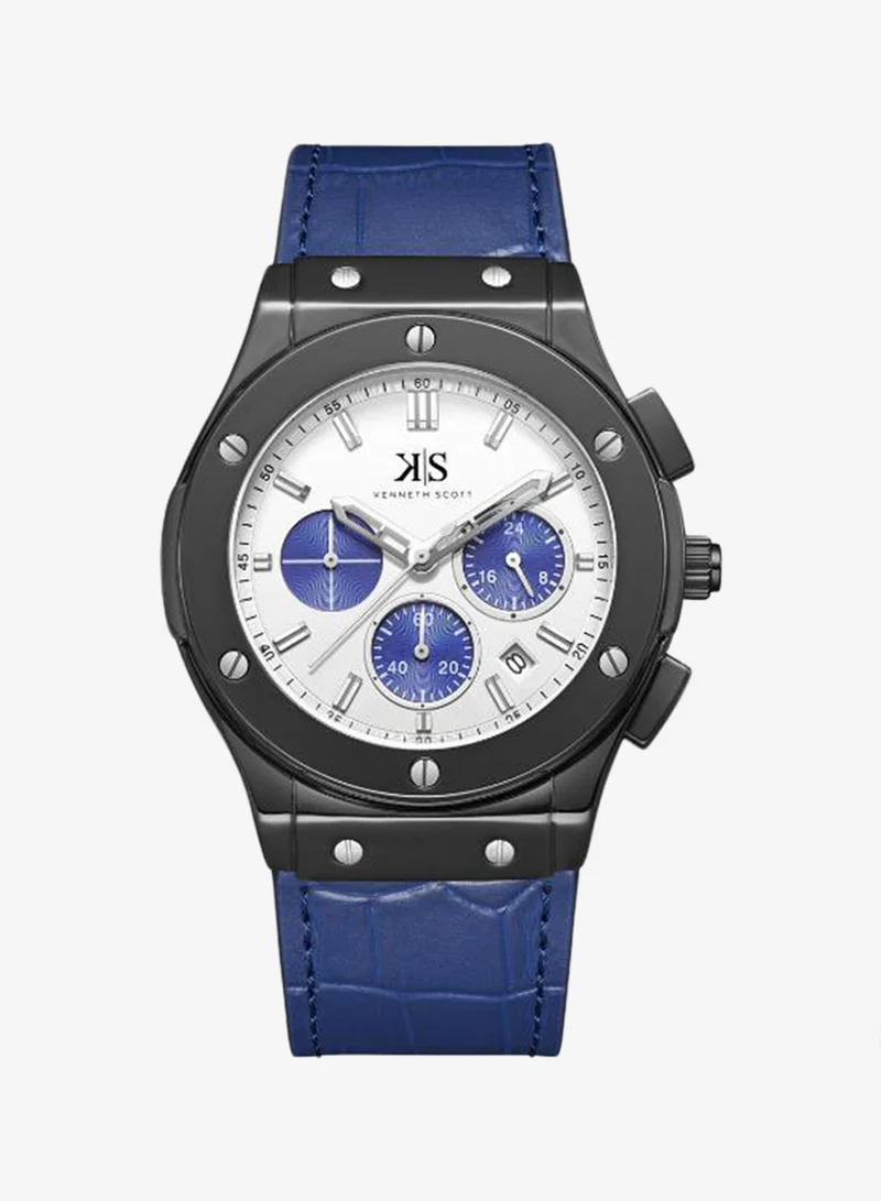 Kenneth Scott white Men's Leather Multi Function Watch K24115-BLNW - 44 mm for Men | Best Price UAE