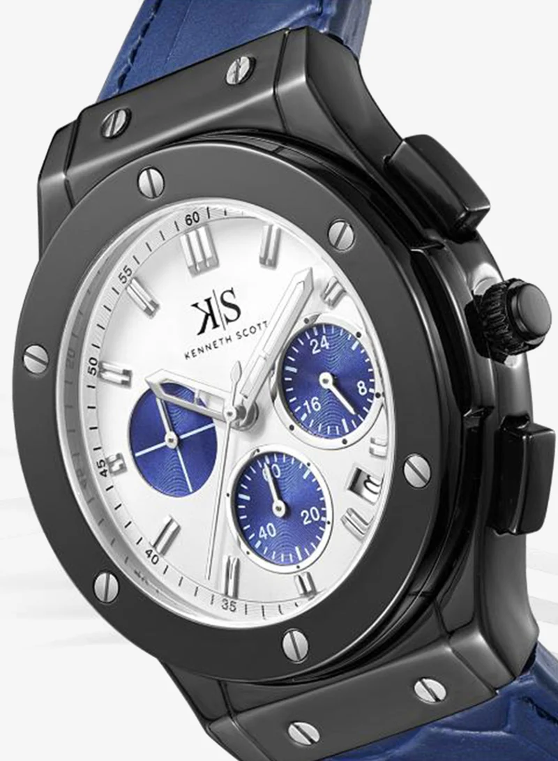 Kenneth Scott white Men's Leather Multi Function Watch K24115-BLNW - 44 mm for Men | Best Price UAE