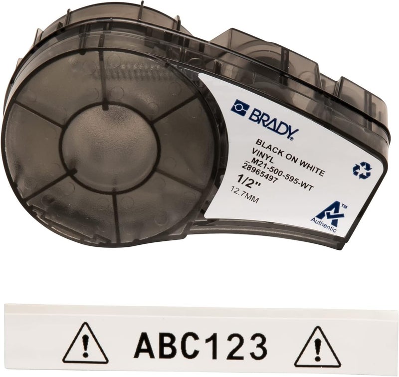 Brady Vinyl Label Tape, Black on White, 12.70mm x 6.40m for BMP21 Series Printers - Image 1