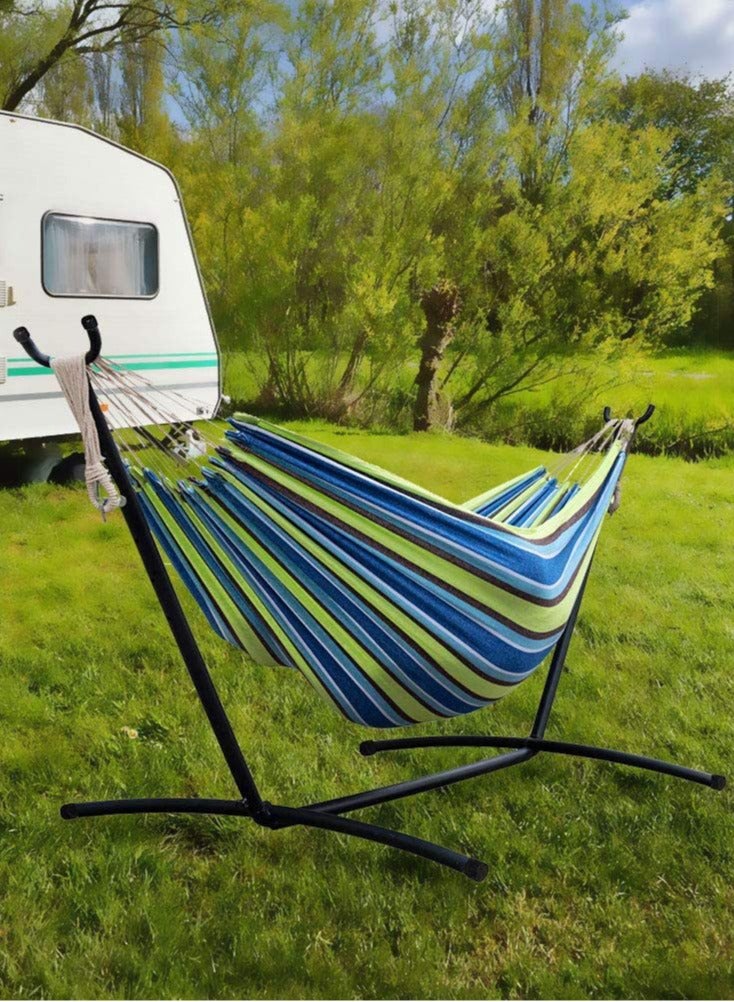 XiuWoo Portable Hammock Stand,  2 Person Heavy Duty Steel Stand with Hammock, for Outdoor Patio Garden Yard with Carrying Bag 550 lbs Capacity Blue Green Stripes - Image 1