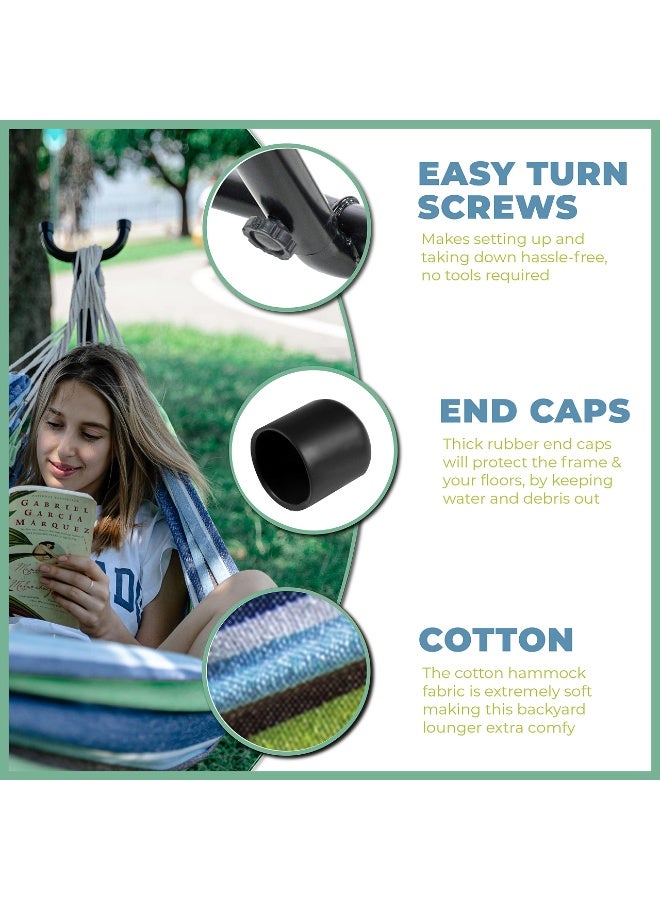 XiuWoo Portable Hammock Stand,  2 Person Heavy Duty Steel Stand with Hammock, for Outdoor Patio Garden Yard with Carrying Bag 550 lbs Capacity Blue Green Stripes - Image 5