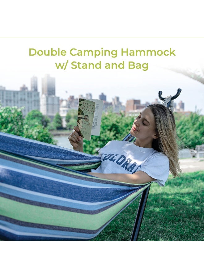 XiuWoo Portable Hammock Stand,  2 Person Heavy Duty Steel Stand with Hammock, for Outdoor Patio Garden Yard with Carrying Bag 550 lbs Capacity Blue Green Stripes - Image 3