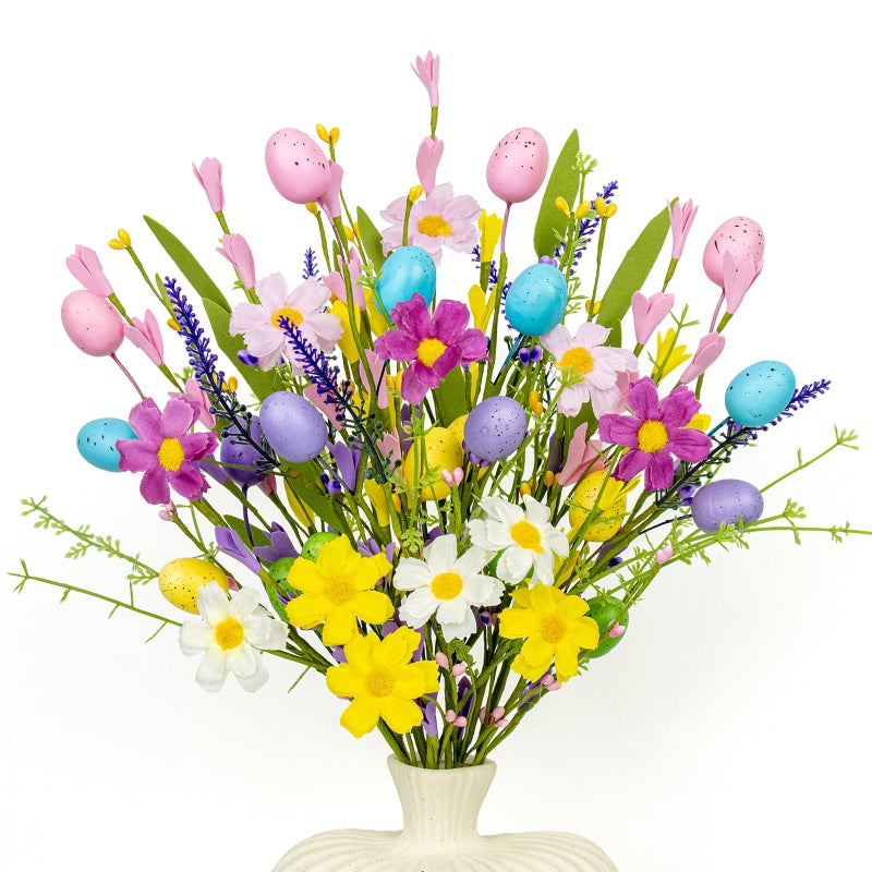J'FLORU Artificial Easter Flowers 10 Pack Easter Floral Picks 17 Inch Egg Stems with Colorful Daisies and Forsythia for Spring Summer Flower Arrangements Centerpieces - Image 1
