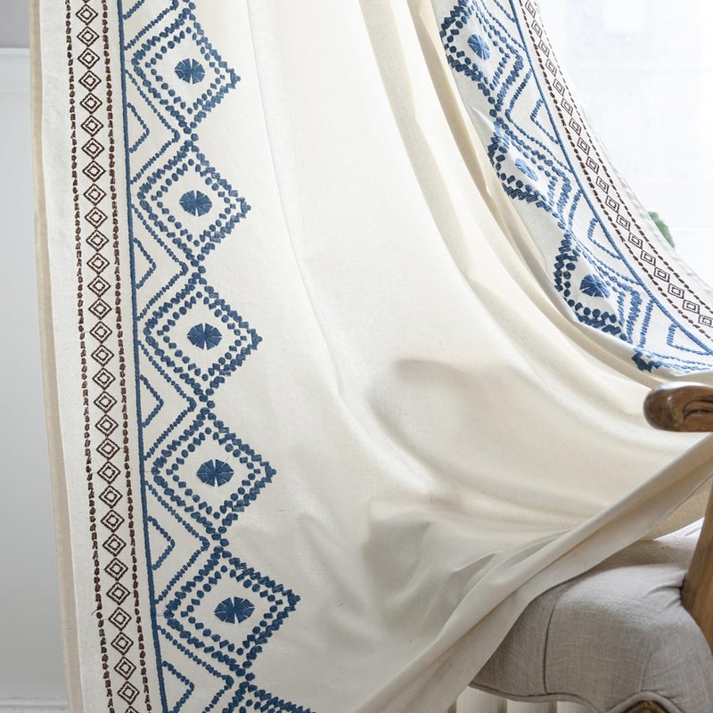 ColorBird Boho Linen Curtains for Living Room, Embroidered Blue Curtains 84 inch Length, 2 Panels Room Darkening Window Curtains Western Closet Curtains for Bedroom Closet Door - Image 1