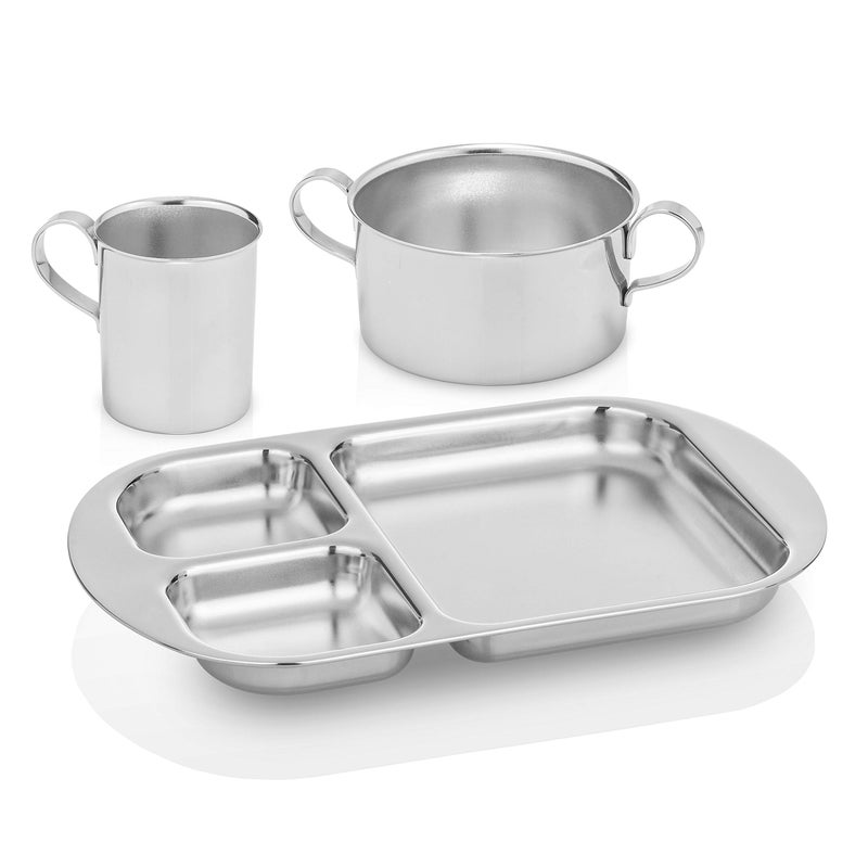 Kiddobloom Children's Premium Stainless Steel Dinnerware Set | 1 Bowl with Handles, 1 Cup with Handle & 1 Divided Plate | Education Series | Ideal for Babies, Toddlers & Kids | by Kiddobloom - Image 1