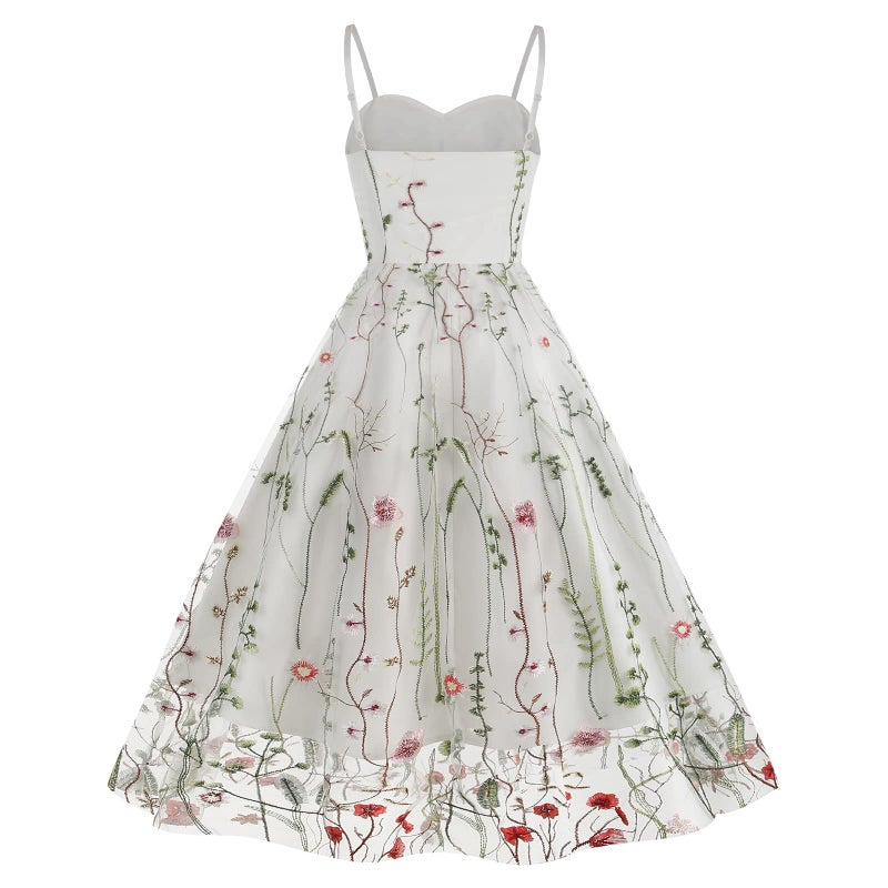 IWEMEK Women's Adjustable Spaghetti Straps V Neck Fared Cami Slip Dress Summer Floral Embroidery Dress for Women Mesh Tulle Flower Embroidered Dress Backless A Line Fit Flare Wedding Party Dress White-Cami S - Image 4