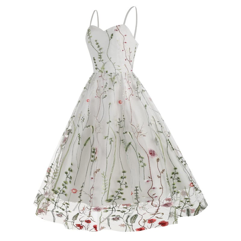 IWEMEK Women's Adjustable Spaghetti Straps V Neck Fared Cami Slip Dress Summer Floral Embroidery Dress for Women Mesh Tulle Flower Embroidered Dress Backless A Line Fit Flare Wedding Party Dress White-Cami S - Image 3