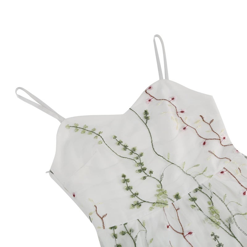 IWEMEK Women's Adjustable Spaghetti Straps V Neck Fared Cami Slip Dress Summer Floral Embroidery Dress for Women Mesh Tulle Flower Embroidered Dress Backless A Line Fit Flare Wedding Party Dress White-Cami S - Image 5