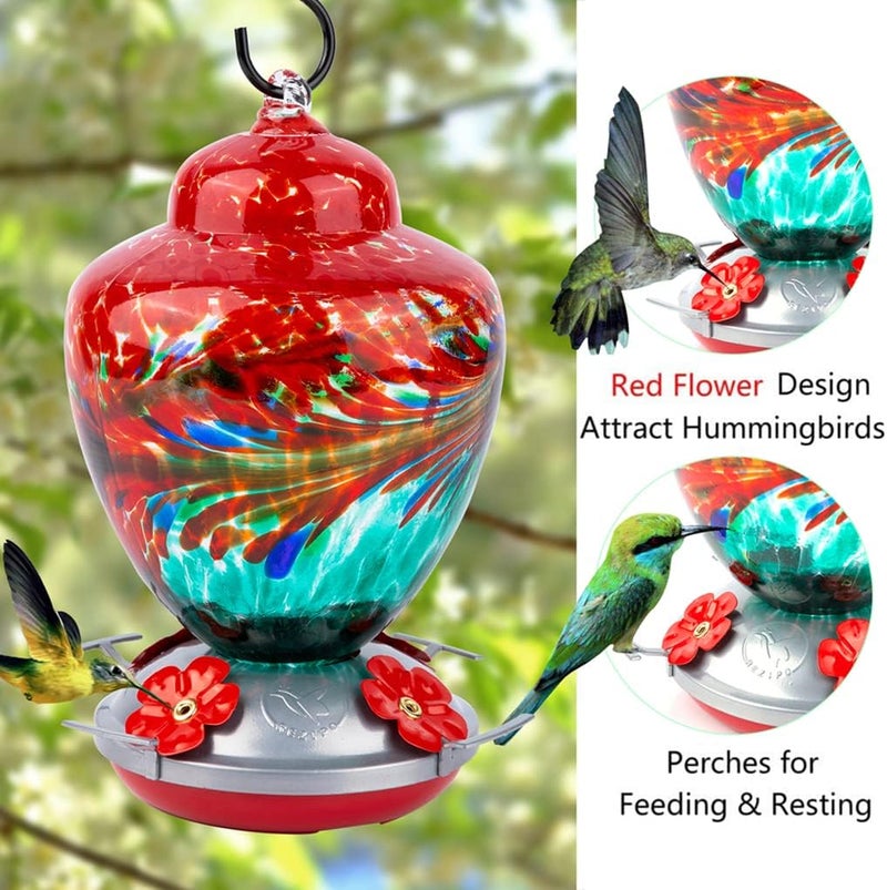 REZIPO Hummingbird Feeder with Perch - Hand Blown Glass - 38 Fluid Ounces Hummingbird Nectar Capacity Include Hanging Wires and Moat Hook (Red-Green) - Image 3