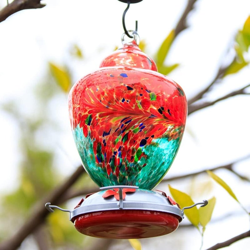 REZIPO Hummingbird Feeder with Perch - Hand Blown Glass - 38 Fluid Ounces Hummingbird Nectar Capacity Include Hanging Wires and Moat Hook (Red-Green) - Image 2