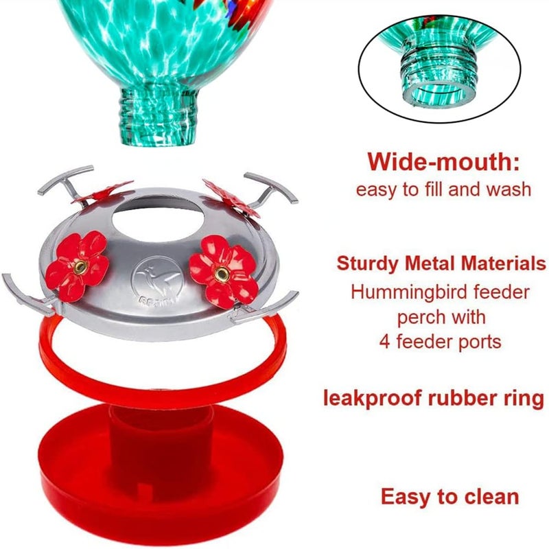 REZIPO Hummingbird Feeder with Perch - Hand Blown Glass - 38 Fluid Ounces Hummingbird Nectar Capacity Include Hanging Wires and Moat Hook (Red-Green) - Image 5