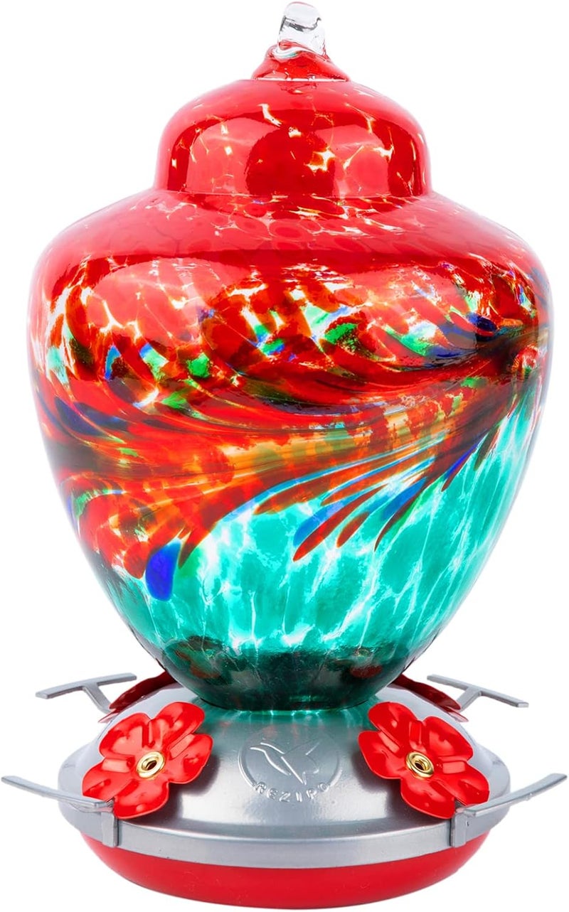 REZIPO Hummingbird Feeder with Perch - Hand Blown Glass - 38 Fluid Ounces Hummingbird Nectar Capacity Include Hanging Wires and Moat Hook (Red-Green) - Image 1