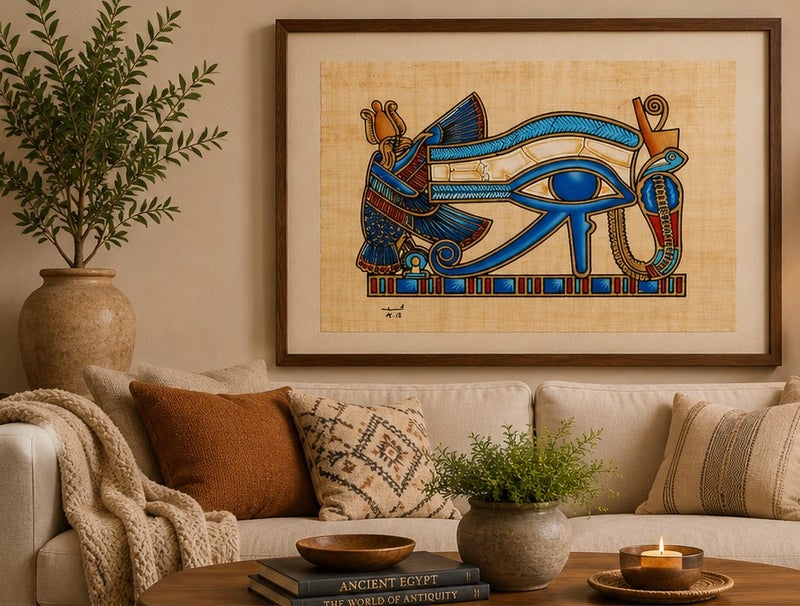 هاندرد بلس ورق بردي مصري طبيعي أصلي مقاس A4 مرسوم يدويًا في مصر من نبات البردي الحقيقي بتصميم عين حورس الفرعونية رمز الحماية والقوة والحكمة للديكور والهدايا التذكارية - Image 2