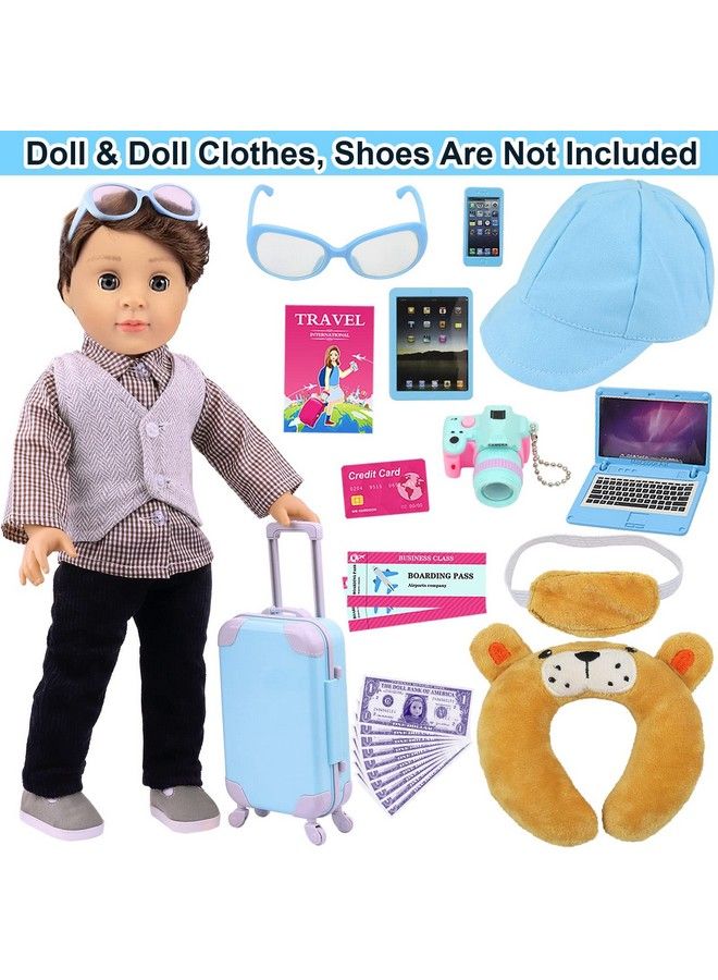 22 Pcs 18 Inch Boy Doll Clothes Suitcase Set For 18 Inch Boy Doll Accessories Travel Carrier Storage, Including Suitcase Pillow Blindfold Sunglasses Camera Computer - Image 3