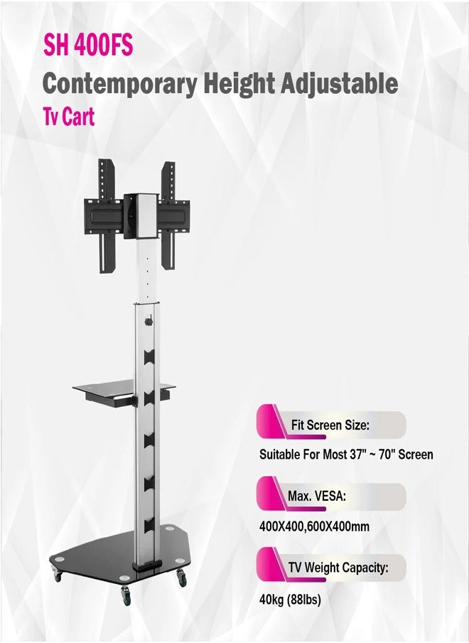 Skill Tech SH 400FS Height Adjustable Aluminium TV Cart for 32–70 Inch Screens with Portrait & Landscape Orientation, VESA 600x400, Max Load 40kg – Rolling TV Stand  Black  - Image 4