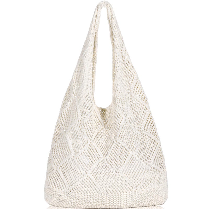 WantGor Crochet Bags, Beach Mesh Tote Bag Womens Shoulder Shopping Handbag Casual Travel Totes Bag Foldable Hobo Bags (Beige Apricot) - Image 1