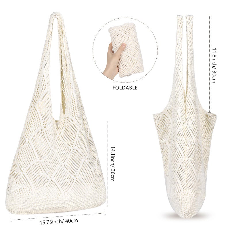 WantGor Crochet Bags, Beach Mesh Tote Bag Womens Shoulder Shopping Handbag Casual Travel Totes Bag Foldable Hobo Bags (Beige Apricot) - Image 4