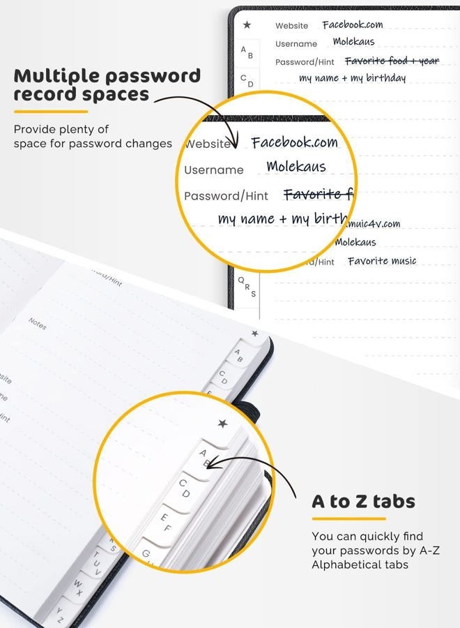 molekaus Password Book with Alphabetical Tabs Small Password Keeper with Extra Password Space to Change Password. Password Notebook for Home or Office for Internet Log In, 6.1 * 3.7in black small - Image 5