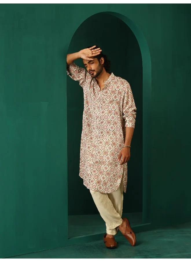 trueBrowns Men's Off White Circle Floral Muslin Silk Printed Long Kurta