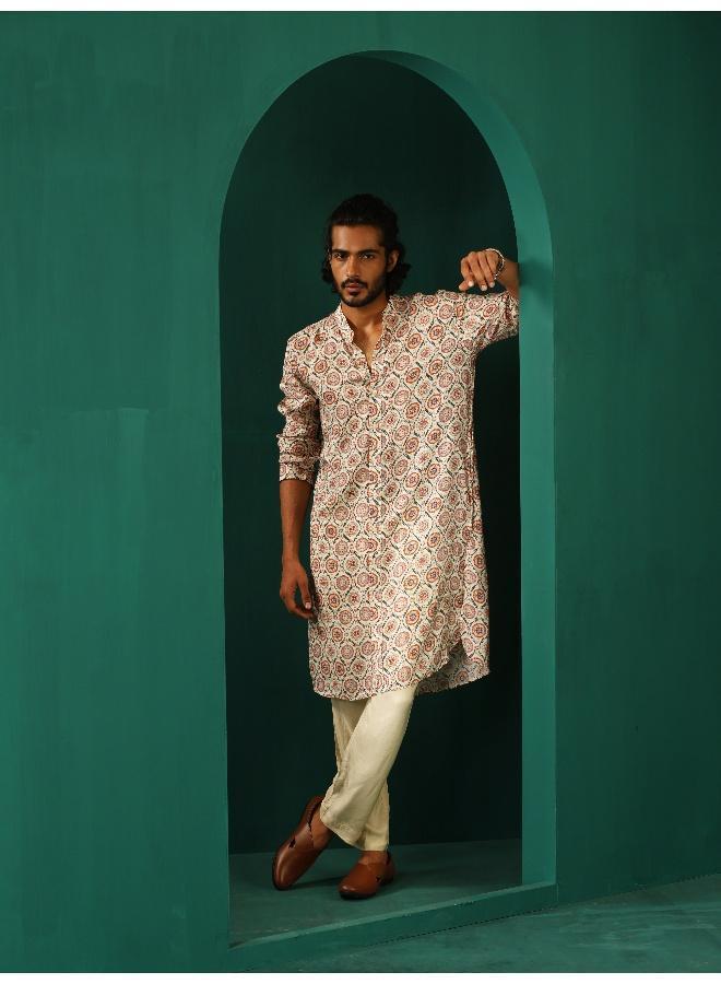 trueBrowns Men's Off White Circle Floral Muslin Silk Printed Long Kurta  - Image 3