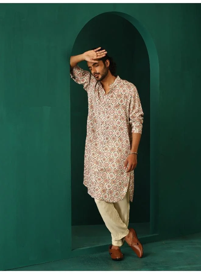 ترو برونز Men's Off White Circle Floral Muslin Silk Printed Long Kurta