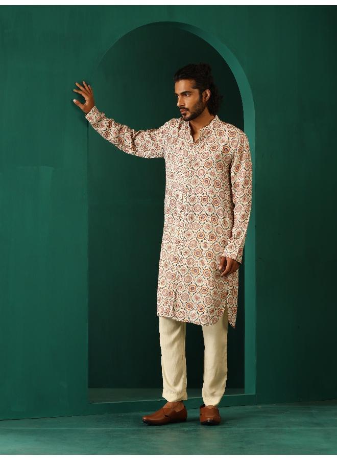 trueBrowns Men's Off White Circle Floral Muslin Silk Printed Long Kurta  - Image 5