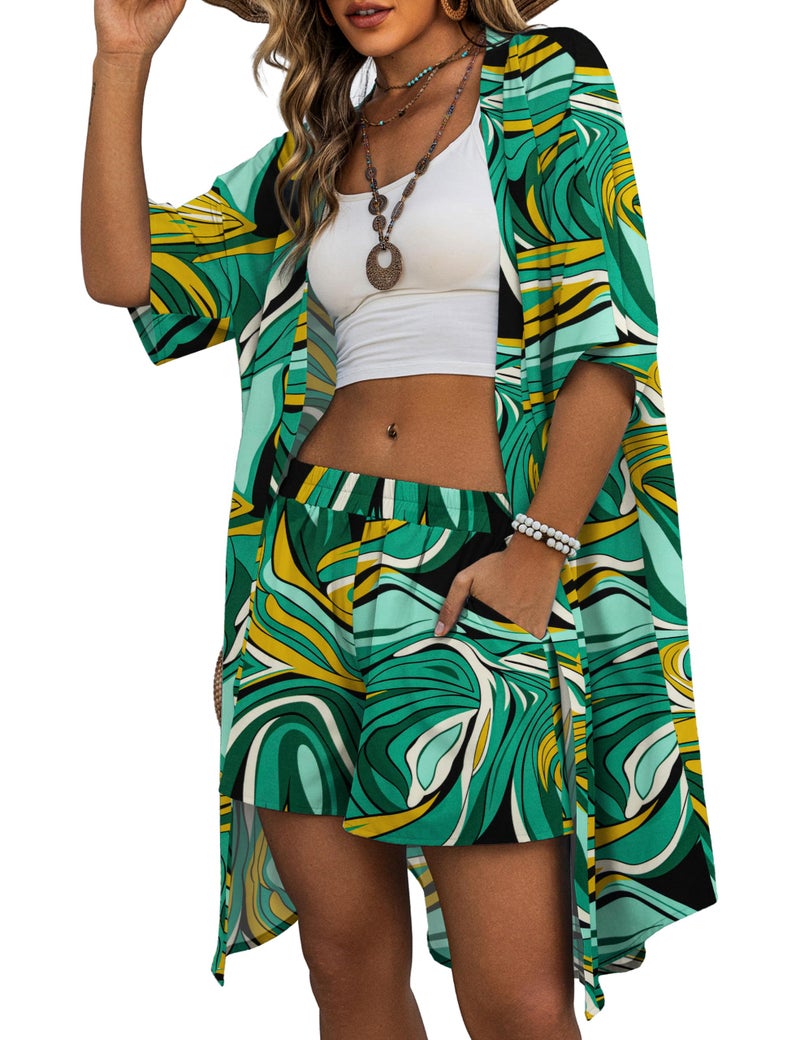 REDHOTYPE Womens Vacation Outfits Hawaiian Style 2 Piece Sets Colorful Print Long Cover Ups Half Sleeve Shorts Set Beach Dresses Color Green,Large - Image 1
