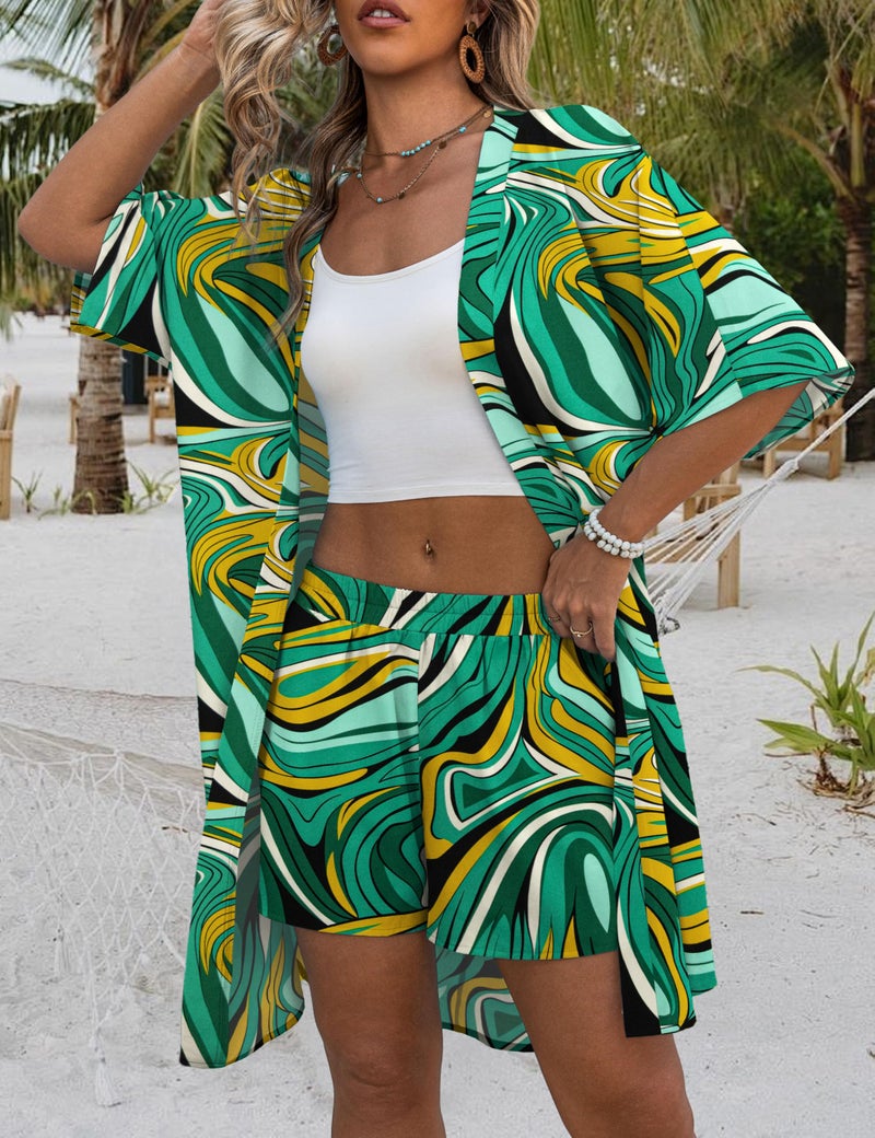 REDHOTYPE Womens Vacation Outfits Hawaiian Style 2 Piece Sets Colorful Print Long Cover Ups Half Sleeve Shorts Set Beach Dresses Color Green,Large - Image 3