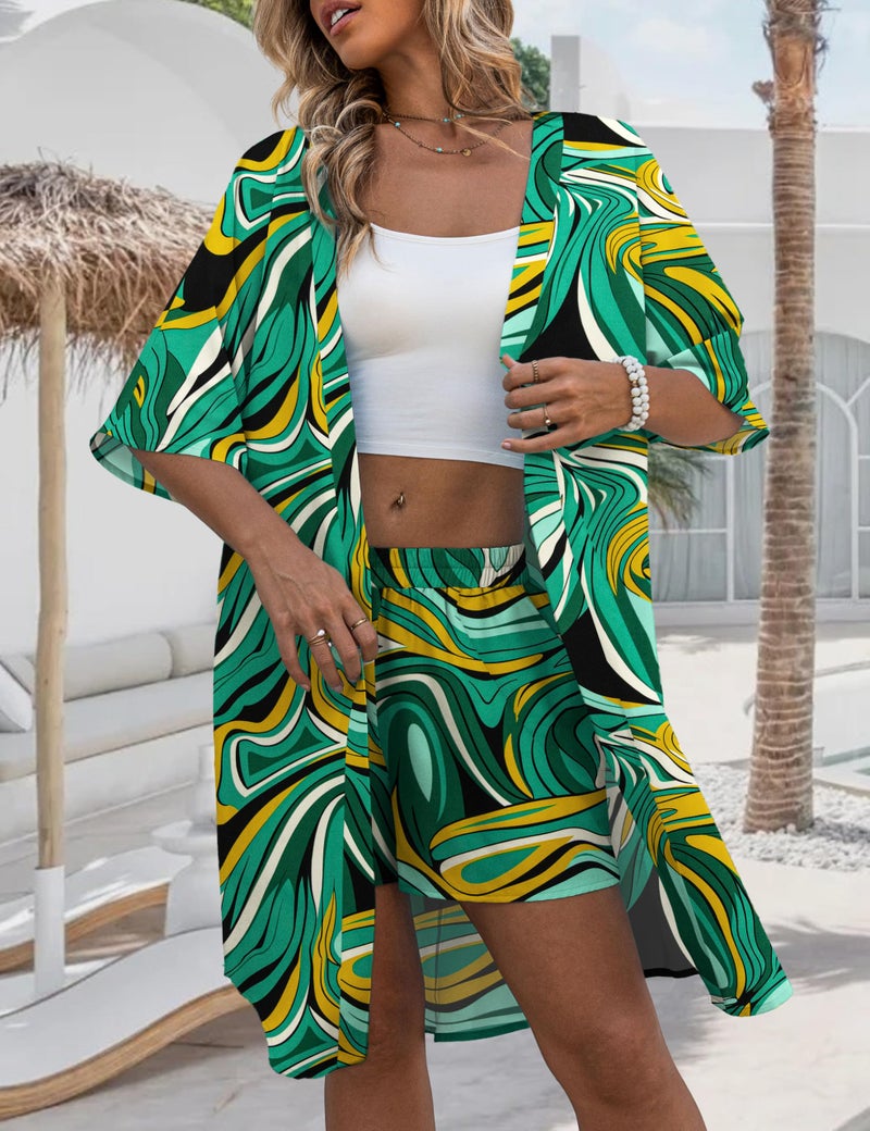 REDHOTYPE Womens Vacation Outfits Hawaiian Style 2 Piece Sets Colorful Print Long Cover Ups Half Sleeve Shorts Set Beach Dresses Color Green,Large - Image 2