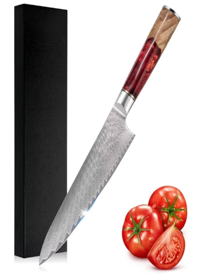 أوساويك سكين طاهي دمشق الفولاذي -مجموعة تسونامي -الطبقة 67 اليابانية VG10 الفولاذي المركزي -الراتنج الأزرق الفريد ومناولة الخشب الطبيعية، رايزر شارب، جميلة دمشق نمط الموجة - Image 1