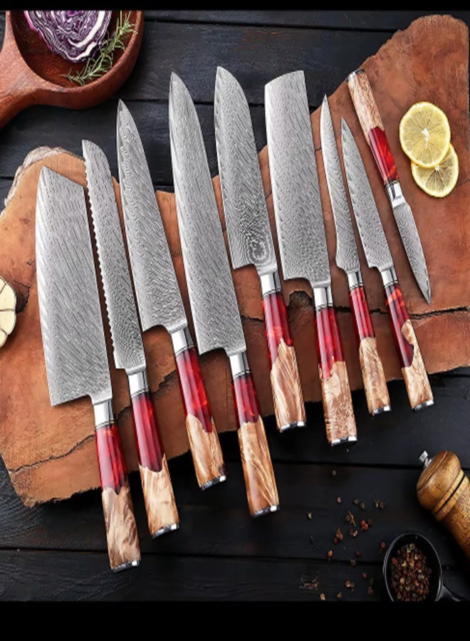 أوساويك سكين طاهي دمشق الفولاذي -مجموعة تسونامي -الطبقة 67 اليابانية VG10 الفولاذي المركزي -الراتنج الأزرق الفريد ومناولة الخشب الطبيعية، رايزر شارب، جميلة دمشق نمط الموجة - Image 5