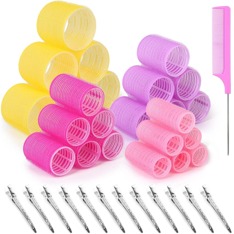Self Grip Hair Rollers Curlers Set 36Pcs Hair Roller Sets 4 Sizes Jumbo Large Medium Small with Clips and Comb for Long Medium Short Thick Fine Thin Hair Volume