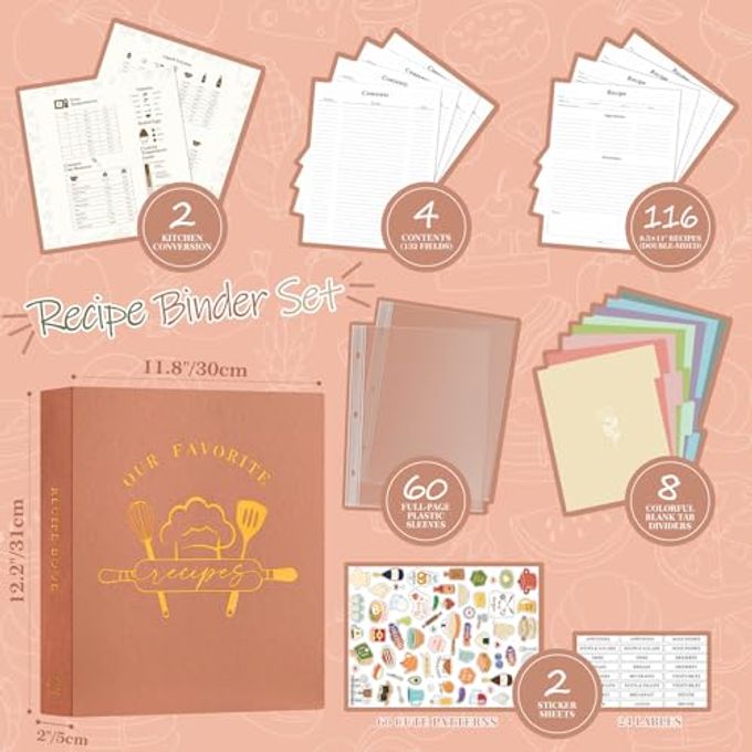Lanpn Recipe Binder 8.5x11 3 Ring Kit, Waterproof Recipe Book Organizer Binder to Write in Your Own Recipes, Blank Cookbook with 60 Plastic Sleeves,116 Recipes, Dividers, Labels & Stickers, Green - Image 3