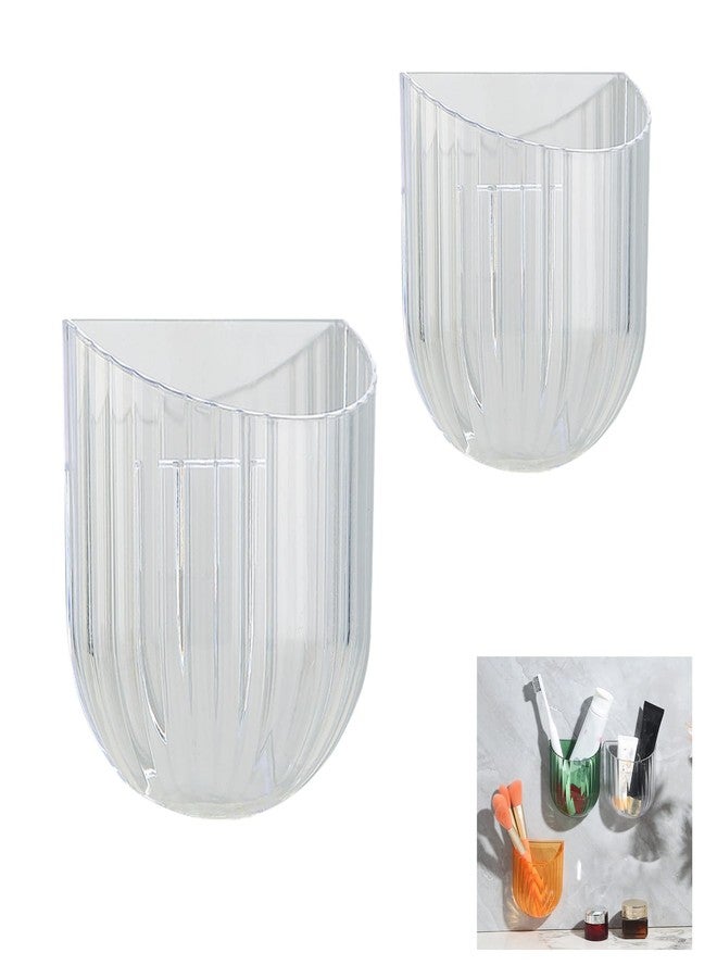 Wall Mounted Storage Holder, Transparent PS Plastic, Clear transparent white, 3.9x3.5x1.9 Inch, Adhesive Organizer for Cosmetics, Phone, Remote (White 2PCS) - Image 1