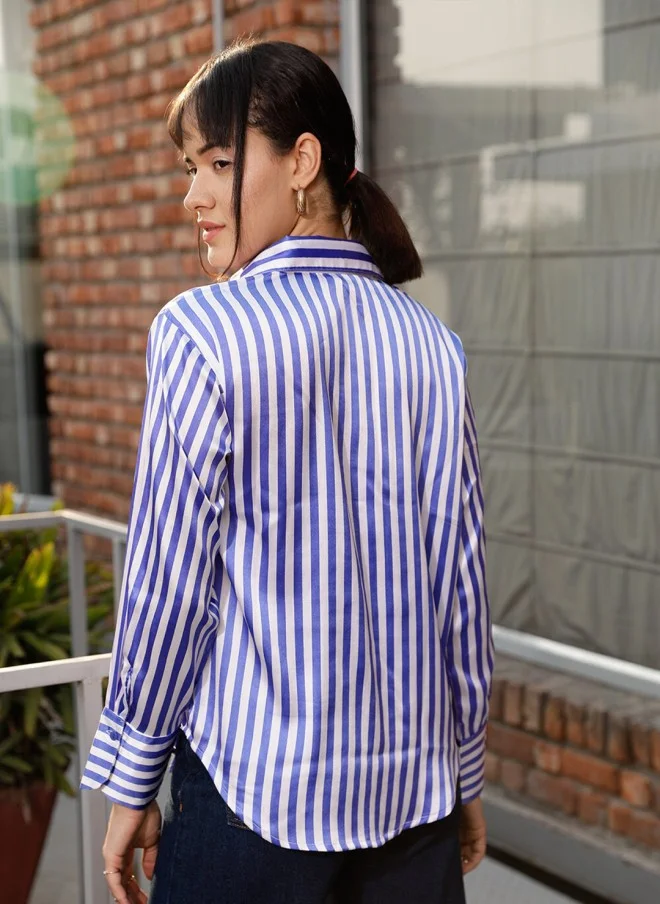 STREET 9 Blue & White Striped Casual Shirt for Women