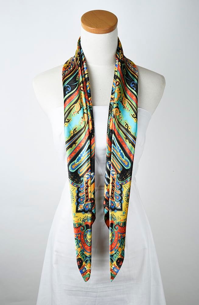 corciova 35 Large Women Satin Square Silk Like Hair Scarf Wrap Headscarf Golden Totems Curly Headband Tie Fashion Bandana - Image 5